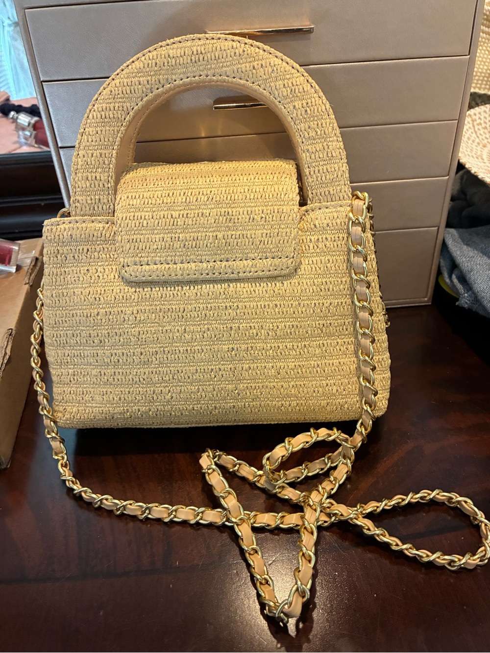 Inspired Straw Top-Handle Crossbody Bag in Cream